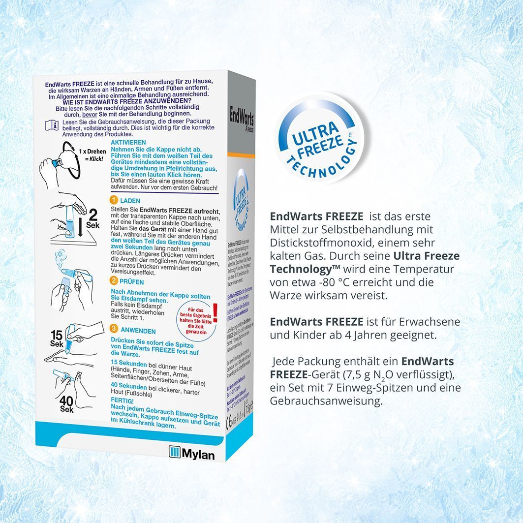 Text über EndWarts FREEZE. Illustrationen zur Anwendung. Textabschnitte über Anwendung und Inhaltsstoffe. Mylan Logo.