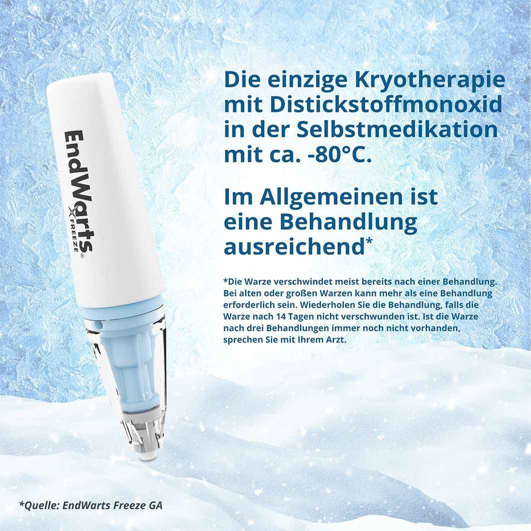 EndWarts FREEZE Stift. Weiß mit blauen Elementen. Text: Kryotherapie mit Distickstoffmonoxid. Ca. -80°C.