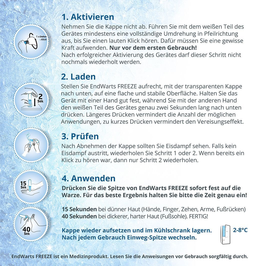 Anleitung zur Anwendung von EndWarts FREEZE. Illustrationen und Text. Schritte: Aktivieren, Laden, Prüfen, Anwenden.