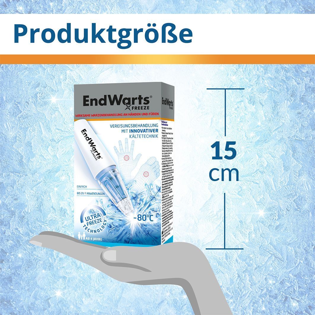 EndWarts FREEZE Packung in einer Hand. Maßangabe: 15 cm. Aufdrucke: -80°C, Ultra Freeze Technologie.