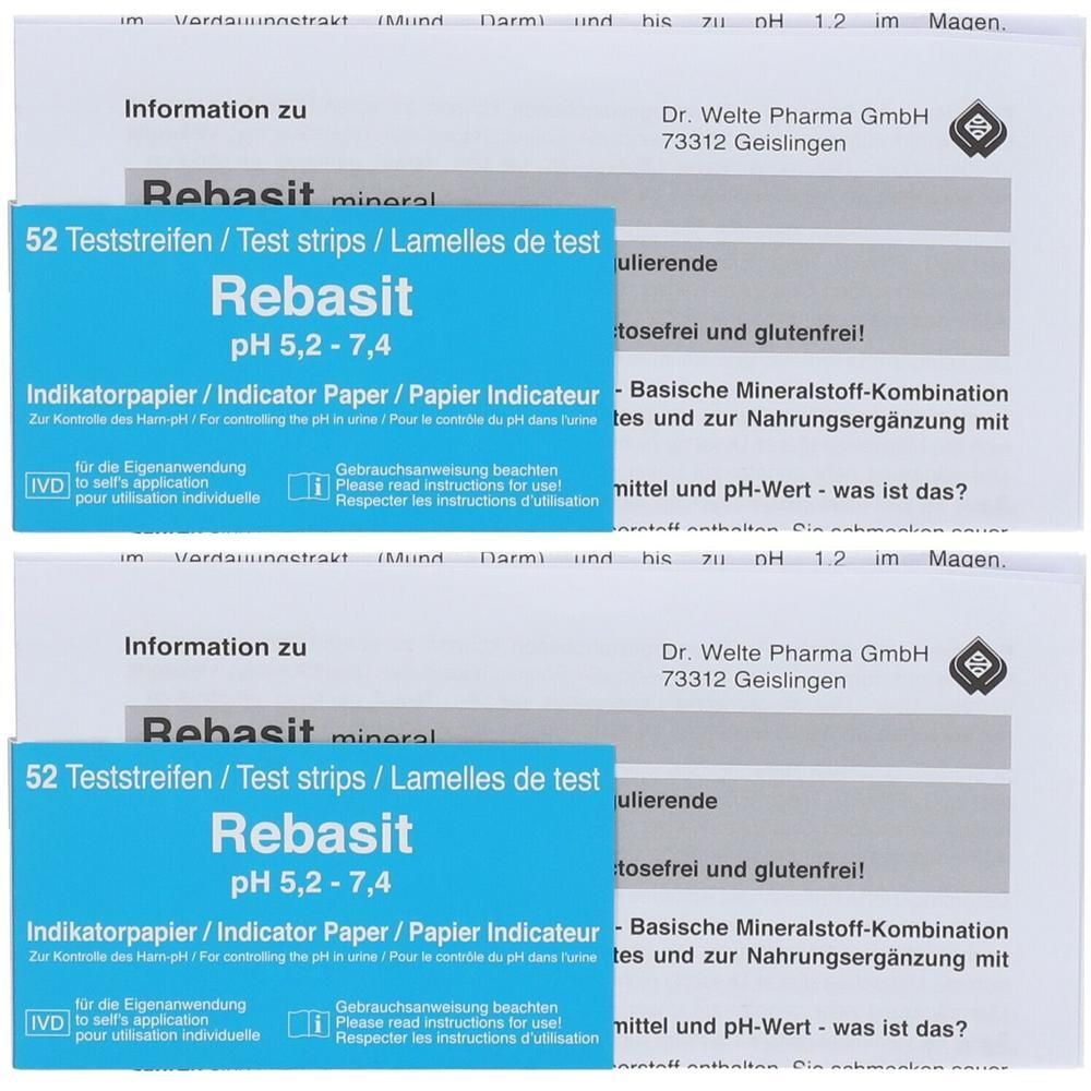 Zwei Packungen Rebasit Indikatorpapier. Blaue Schachtel mit weißer Schrift. Enthält 52 Teststreifen zur pH-Wert-Bestimmung.