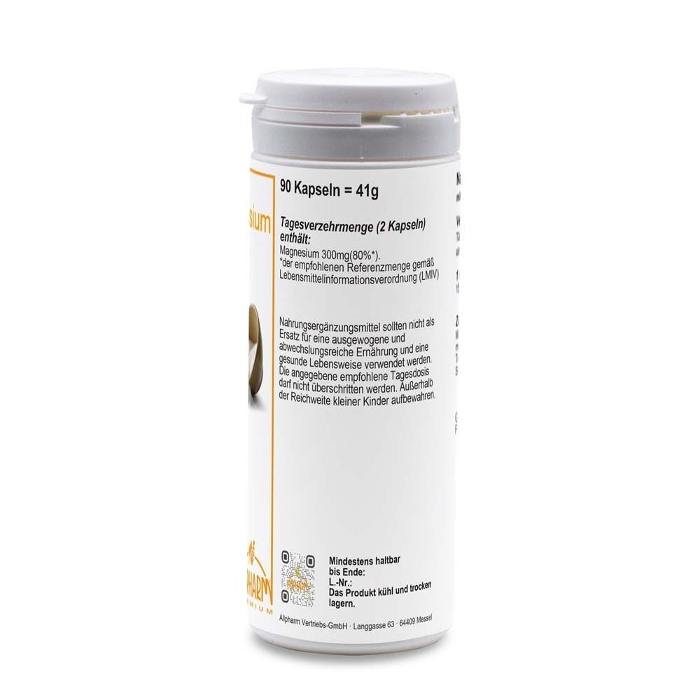 Ein Behälter ALLPHARM Magnesium Kapseln, 90 Kapseln. Seitenansicht mit Nährwertangaben.