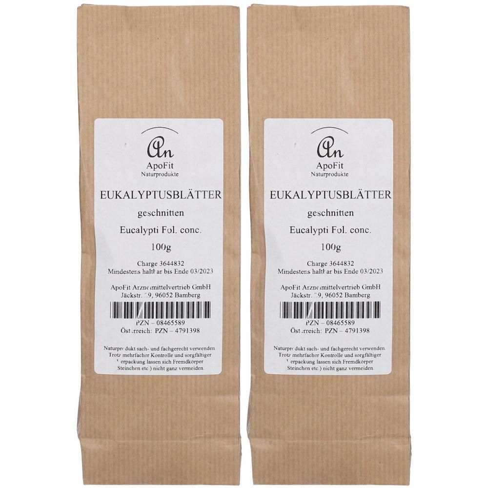 Zwei Packungen geschnittene Eukalyptusblätter, jeweils 100g.
