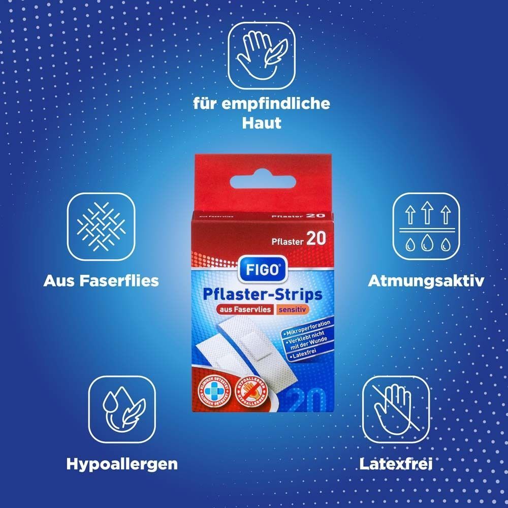 Produktverpackung mit Illustrationen. Zeigt Eigenschaften: für empfindliche Haut, atmungsaktiv, hypoallergen, latexfrei.