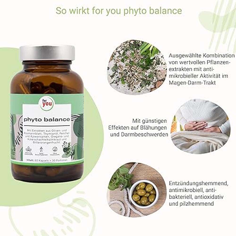Braunglasflasche mit 'phyto balance'-Etikett neben einer Collage aus Kräutern und einer Person mit Bauchschmerzen.