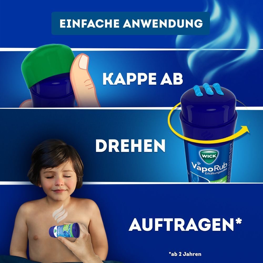 Anwendung von WICK VapoRub Stick: Kappe ab, drehen, auftragen.