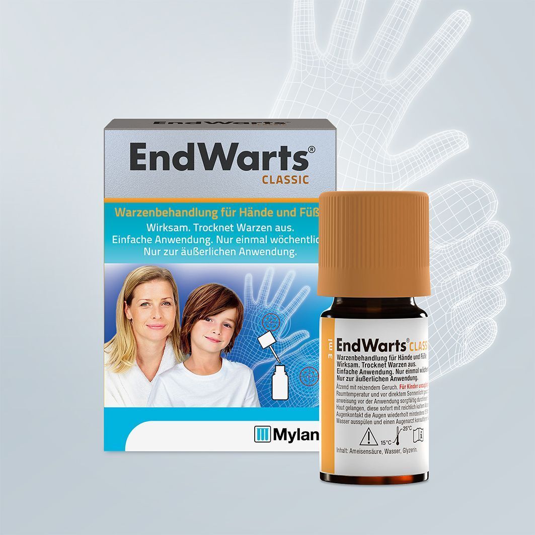 EndWarts CLASSIC-Verpackung und Flasche. Flasche mit braunem Deckel. Aufdruck: Warzenbehandlung für Hände und Füße. 3 ml.