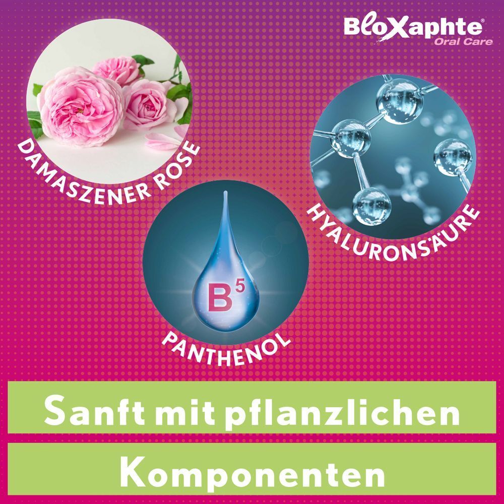 Rosen, Panthenol, Hyaluronsäure. Text: Sanft mit pflanzlichen Komponenten. BLOXAPHTE Oral Care Logo.
