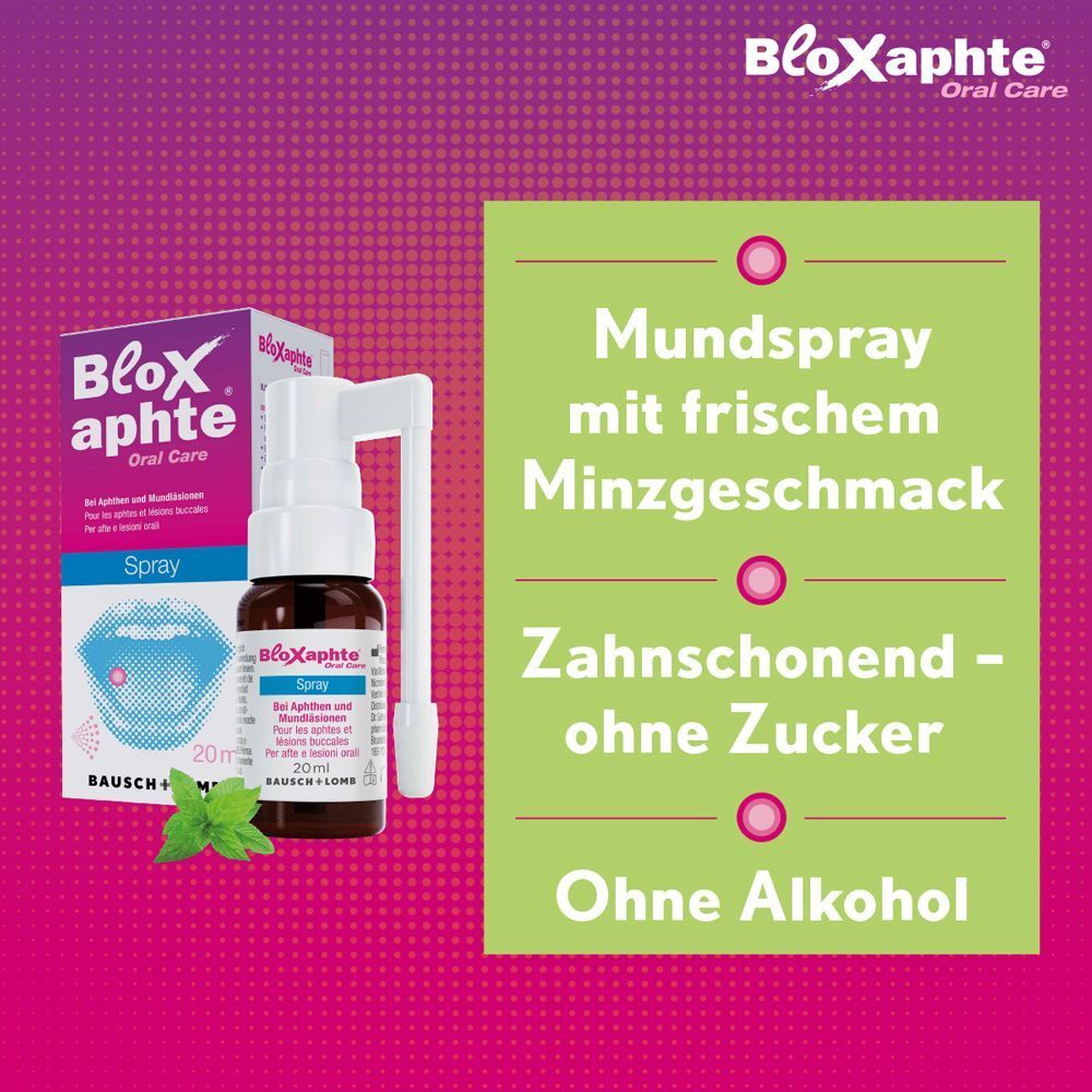 Mundspray mit Minzgeschmack, zahnfreundlich, ohne Zucker, ohne Alkohol. BLOXAPHTE Oral Care Spray und Verpackung.
