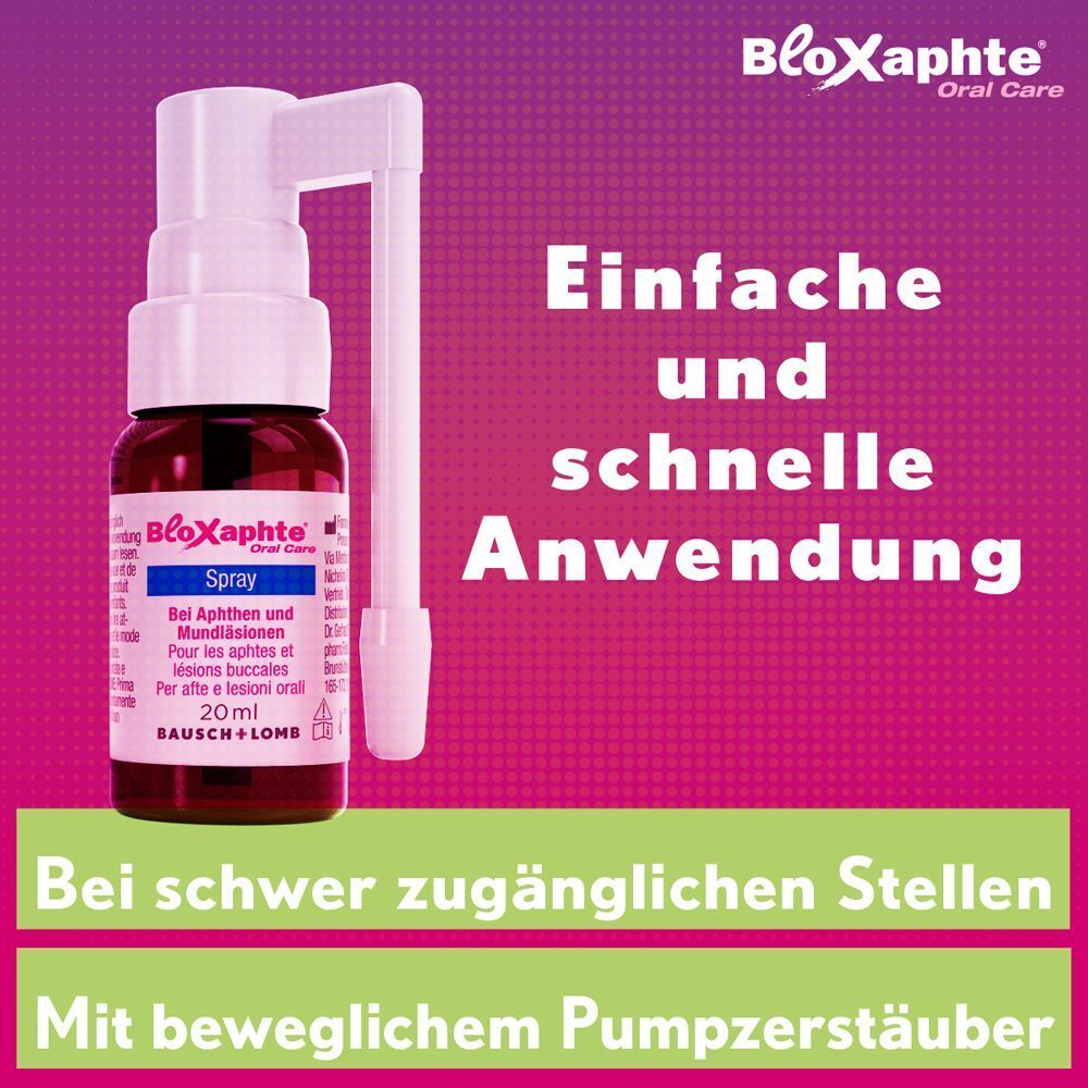 Einfache und schnelle Anwendung. Bei schwer zugänglichen Stellen. Mit beweglichem Pumpzerstäuber. BLOXAPHTE Oral Care Spray.