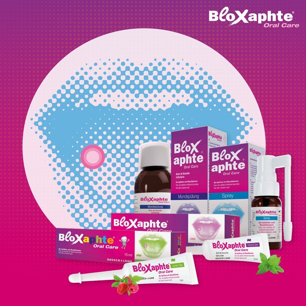 Verschiedene BLOXAPHTE Oral Care Produkte: Spray, Mundspülung, Zahnpasta. Verpackungen und Produkte.