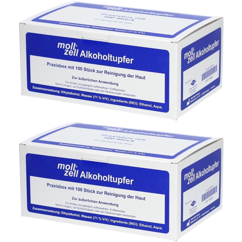 Zwei weiße Kartons mit blauen Streifen. Aufschrift: moll zell Alkoholtupfer. Praxisbox mit 100 Stück zur Reinigung der Haut. Für äußere Anwendung.