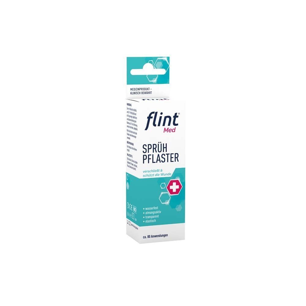 Eine Packung FLINT Sprühpflaster. Weiße Flasche mit türkisfarbener Verpackung. Aufschrift: FLINT Med, Sprüh Pflaster.