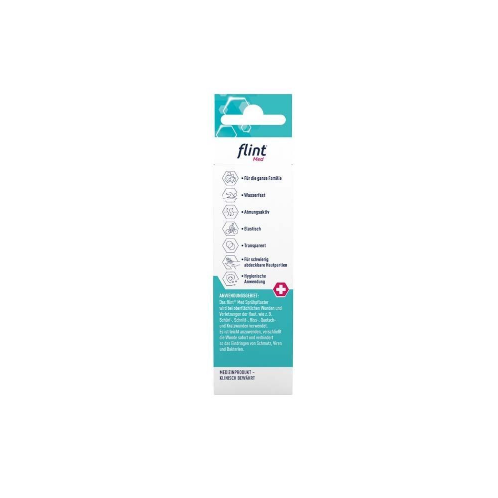 Rückseite der Verpackung von FLINT Sprühpflaster. Text: Eigenschaften, Anwendungshinweise, medizinisch bewährt.