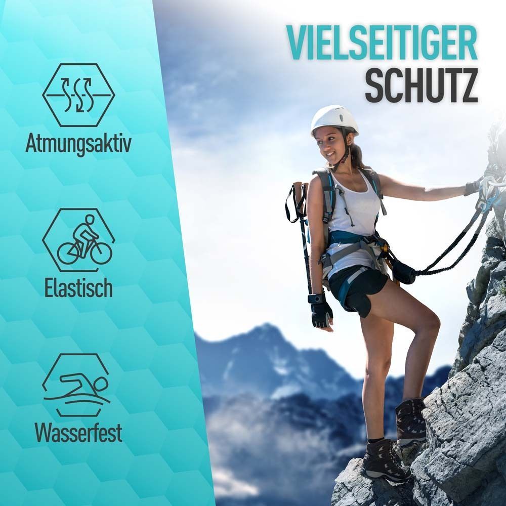 Eine Frau klettert. Text: Vielseitiger Schutz, atmungsaktiv, elastisch, wasserfest. Symbole: Atem, Fahrrad, Wasser.