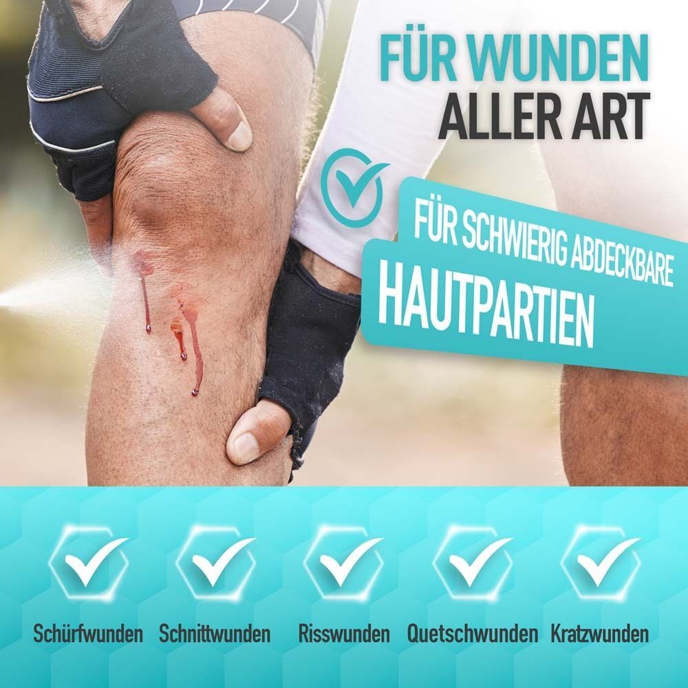 Ein Bein mit Wunden. Text: Für Wunden aller Art, für schwierig abdeckbare Hautpartien. Symbole: Wunden.