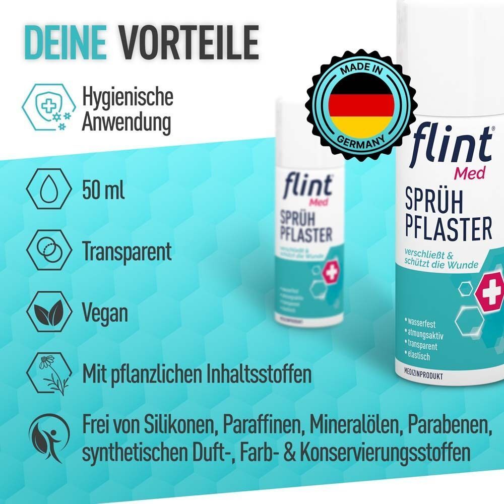 FLINT Sprühpflaster und Flasche. Text: 50 ml, transparent, vegan, pflanzliche Inhaltsstoffe. Made in Germany.