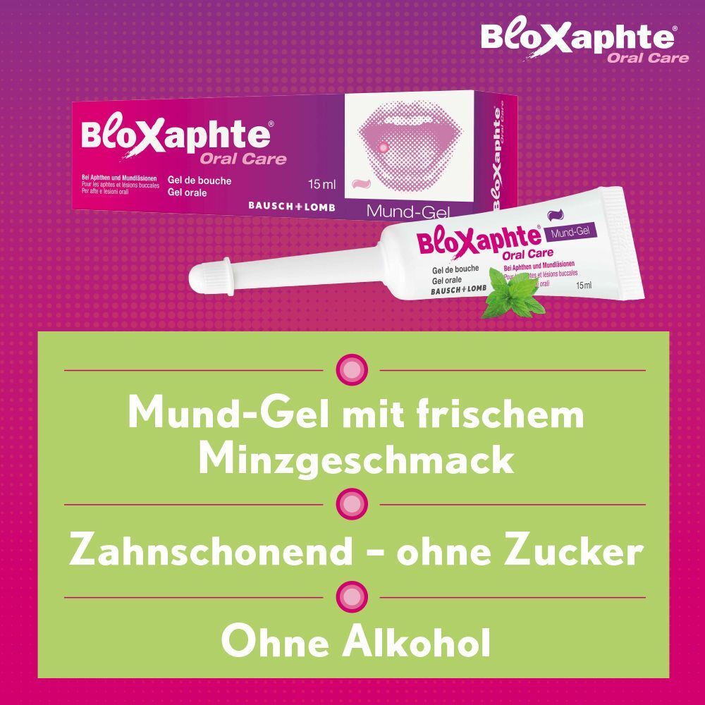 Tuben BLOXAPHTE Oral Care Mund-Gel. Text: Mund-Gel mit frischem Minzgeschmack, zahnschonend, ohne Zucker, ohne Alkohol. Hintergrund: Lila.