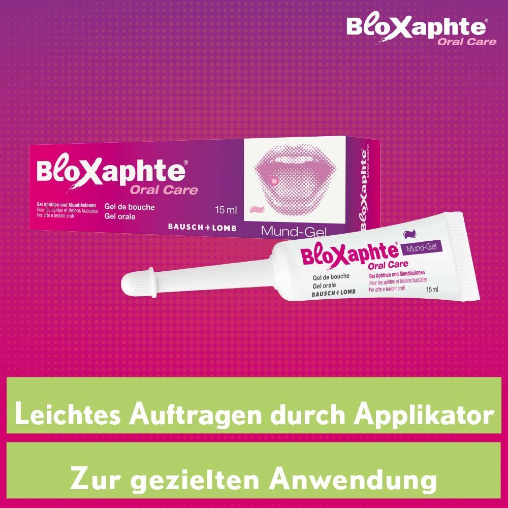 Tuben BLOXAPHTE Oral Care Mund-Gel mit Applikator. Text: Leichtes Auftragen durch Applikator, zur gezielten Anwendung. Hintergrund: Lila.