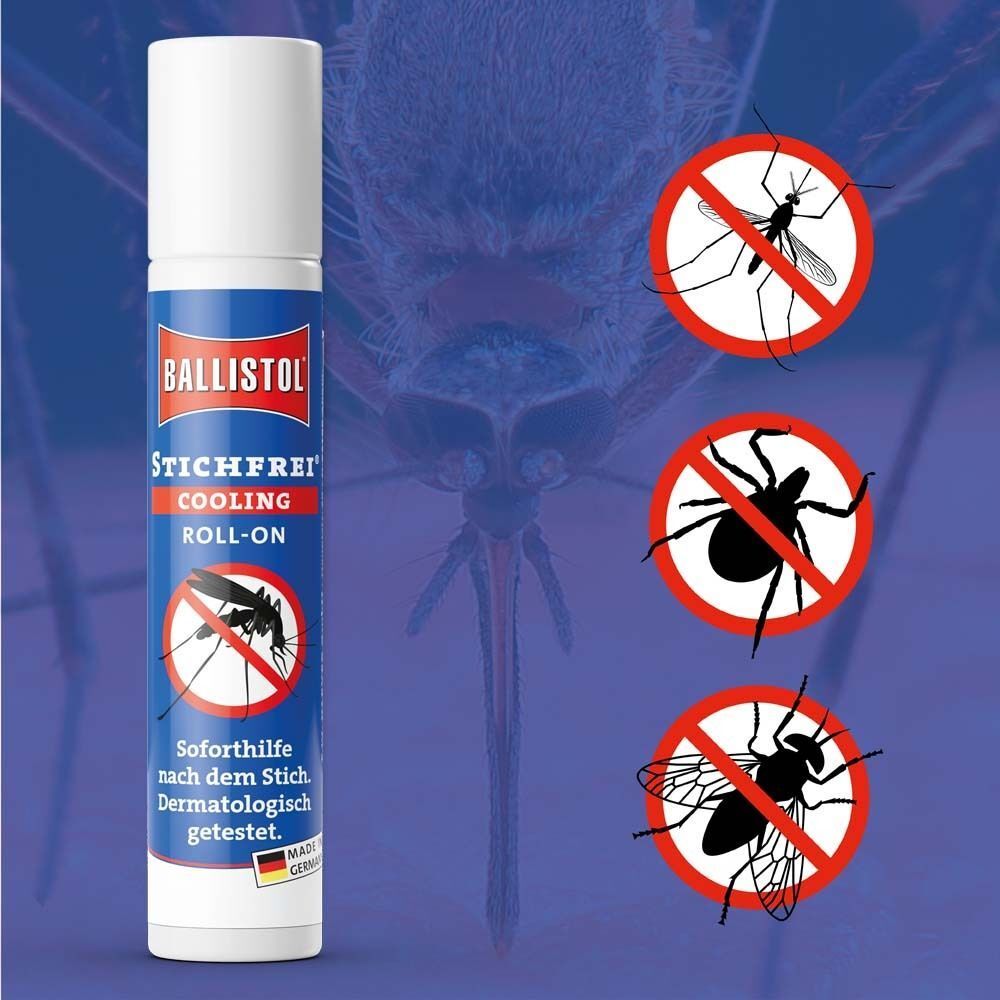 Roll-on-Flasche mit Produktname und Logo. Abbildungen von Insekten mit rotem Kreuz. Dermatologisch getestet.