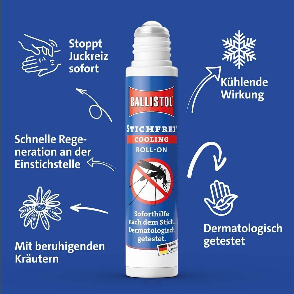 Roll-on-Flasche mit Produktname und Logo. Illustrationen von Kräutern, Schneeflocke, Hand. Dermatologisch getestet.