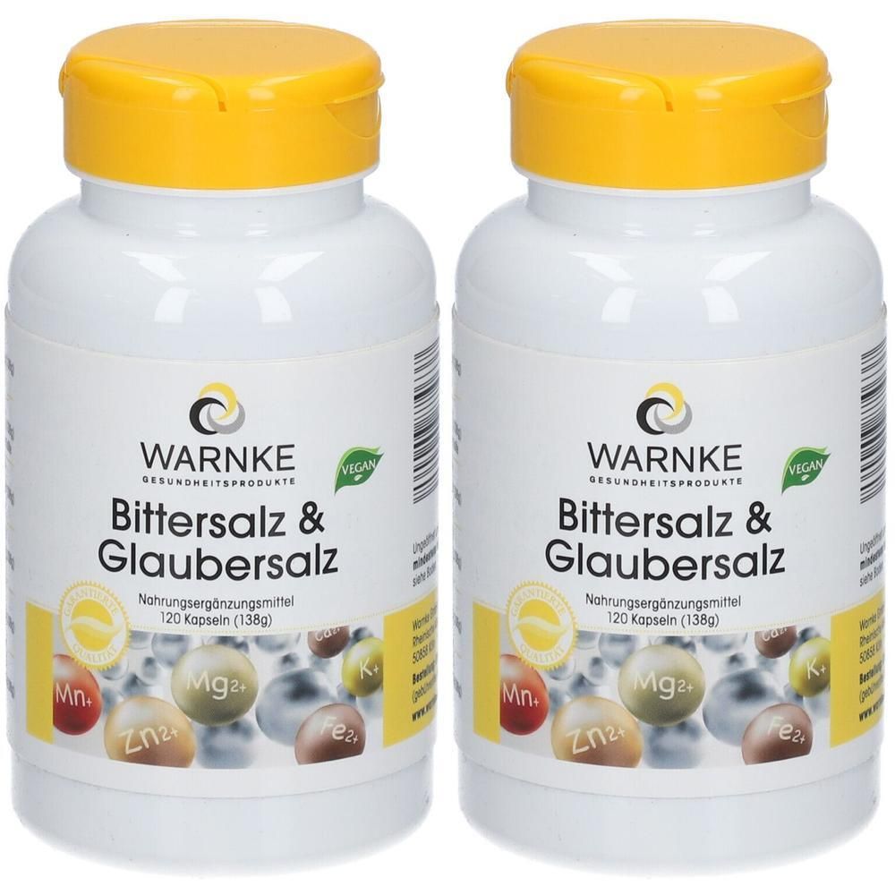 Zwei weiße Flaschen mit gelben Deckeln. Aufschrift: WARNKE Bittersalz & Glaubersalz. Vegan-Siegel. 120 Kapseln.