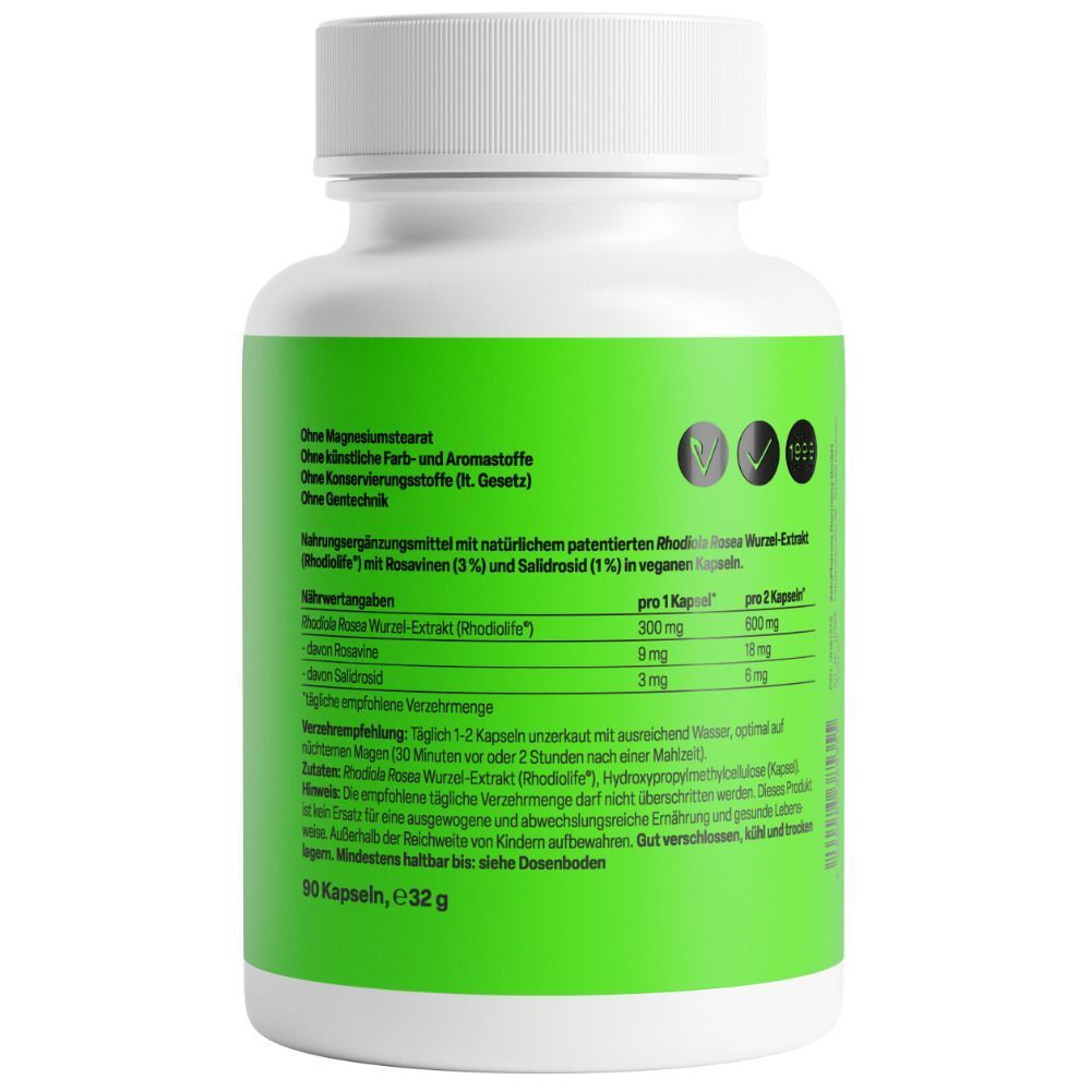 Weiße Flasche mit grünem Etikett. Rückseite mit Nährwertangaben und Inhaltsstoffen. Aufschrift: Rhodiola Rosea 300mg.