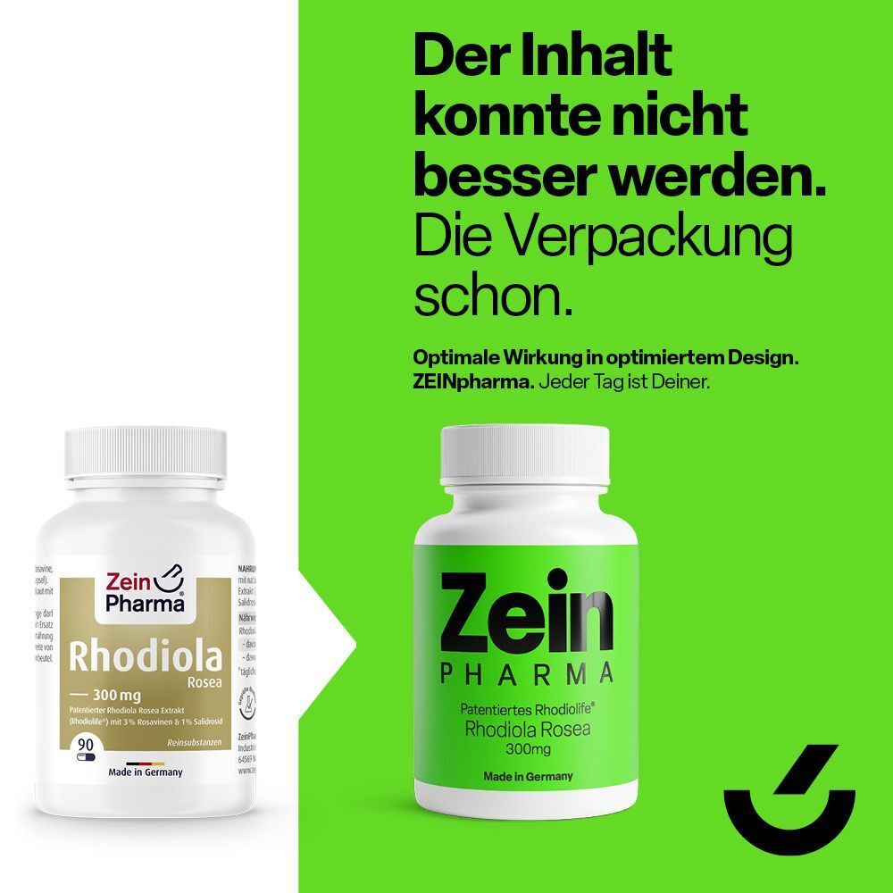 Vergleich von zwei Flaschen. Links: älteres Design. Rechts: neues Design mit Aufschrift Zein Pharma, Rhodiola Rosea 300mg.