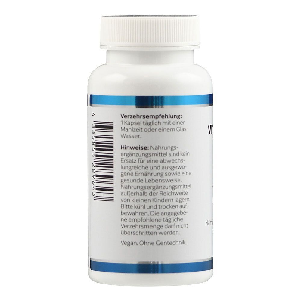 Weiße Flasche mit blauen und schwarzen Etiketten. Aufschrift: VITAMIN B1 100 mg. Rückseite mit Verzehrempfehlung und Hinweisen. Vegan.