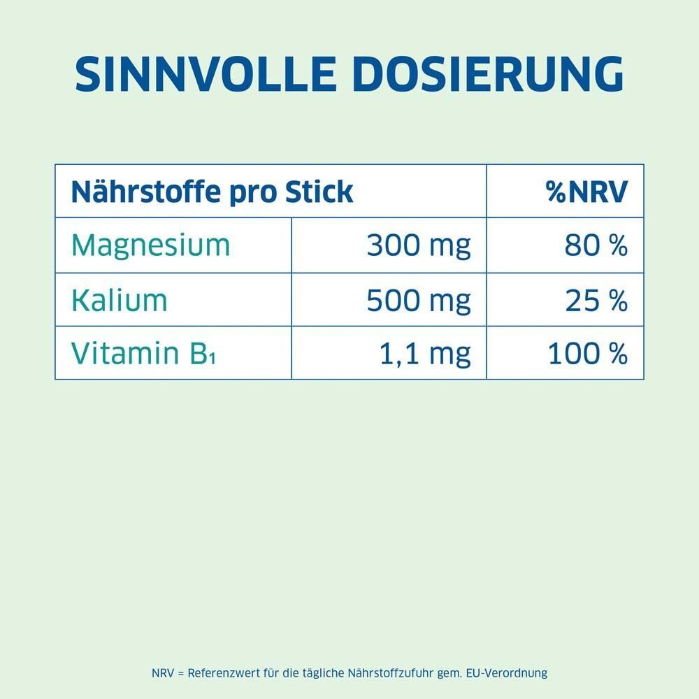 Nährwerttabelle pro Stick: Magnesium 300mg, Kalium 500mg, Vitamin B1 1,1mg. %NRV-Angaben.