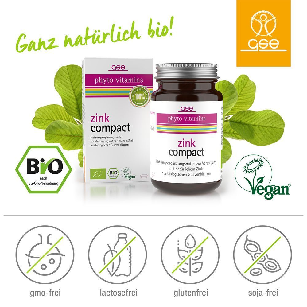 Eine Packung und eine Braunglasflasche. Aufschrift: zink compact. Aufschrift: GSE phyto vitamins. Bio-Siegel und Vegan-Siegel.