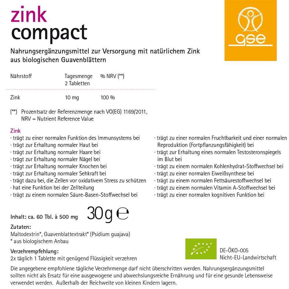 Tabellen mit Informationen zu Nährstoffen. Aufschrift: zink compact. Aufschrift: 30g. Bio-Siegel. Text in deutscher Sprache.