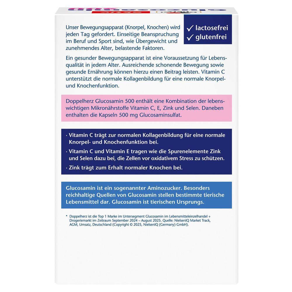 Rückseite der Verpackung. Text über Knorpel- und Knochenfunktion. Enthält Informationen über Inhaltsstoffe und Vorteile. Text: laktosefrei, glutenfrei.