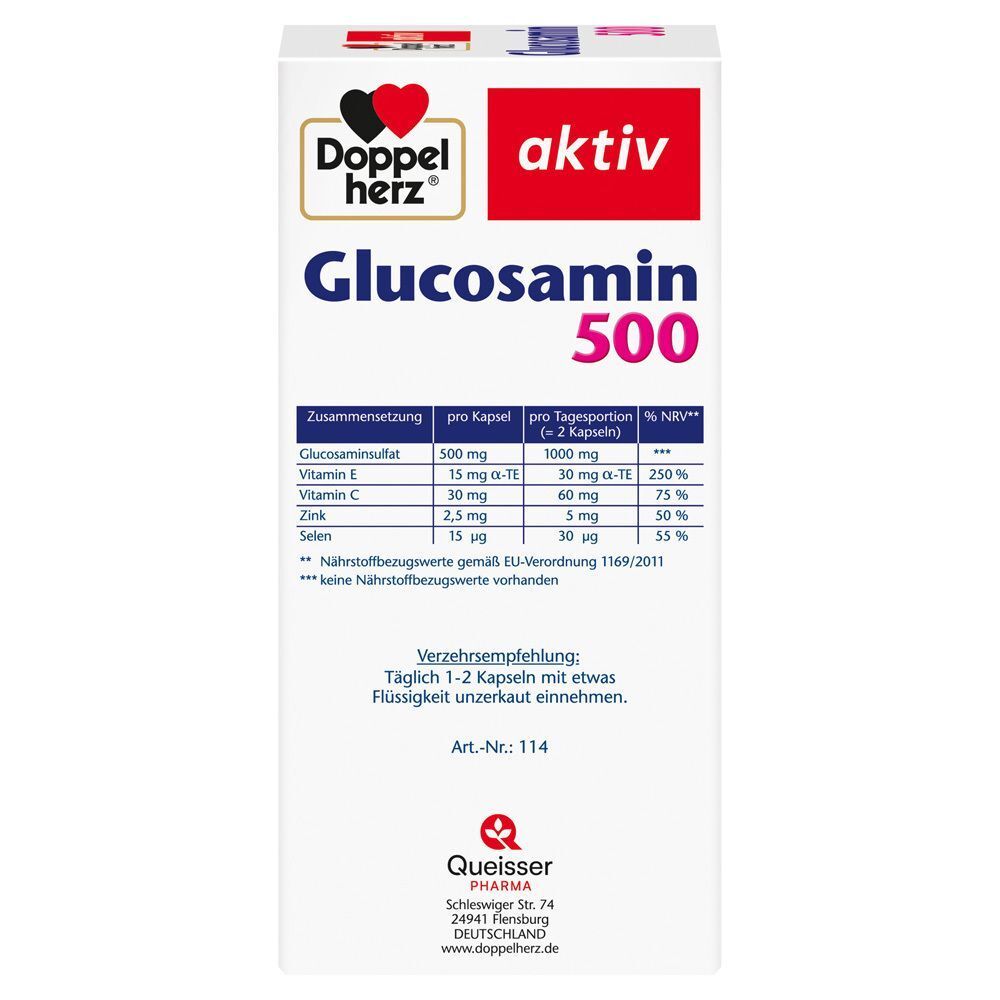 Rückseite der Verpackung. Enthält Informationen zur Zusammensetzung pro Kapsel und Tagesportion. Text: Verzehrempfehlung, Queisser Pharma.