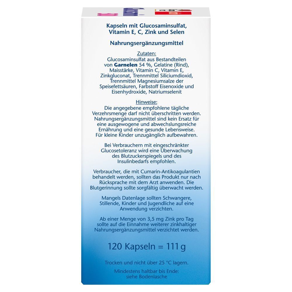 Rückseite der Verpackung. Enthält Informationen zu Inhaltsstoffen, Warnhinweisen und Lagerung. Text: 120 Kapseln = 111 g.
