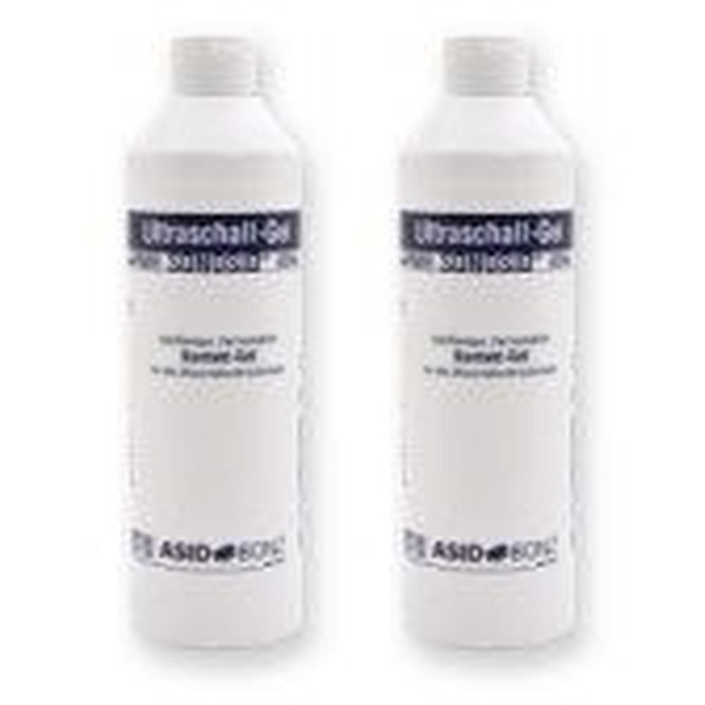 Zwei weiße Flaschen mit Ultraschall-Gel. Beschriftung: "Ultraschall-Gel Sonosid®".