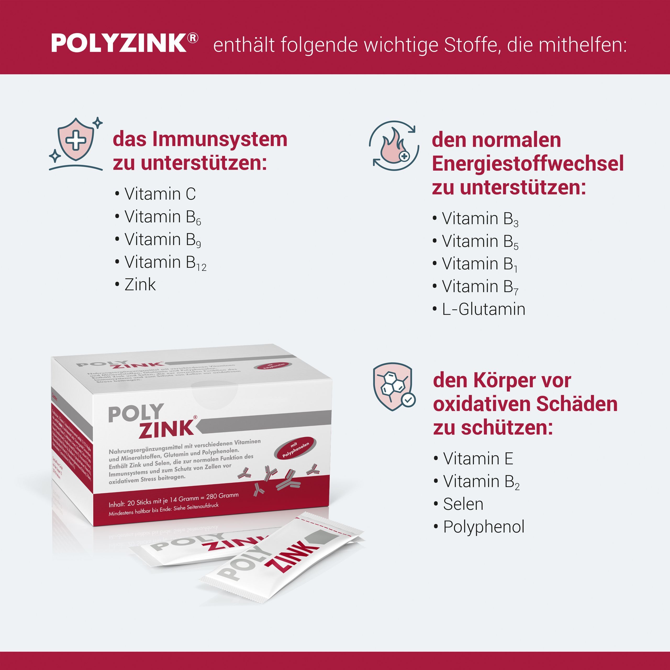 POLYZINK-Box und zwei Beutel. Text: Enthält wichtige Stoffe zur Unterstützung des Immunsystems und des Stoffwechsels.