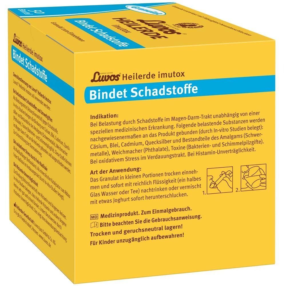 Gelber Karton mit Produktaufdruck. Aufschrift: Luvos Heilerde imutox, Bindet Schadstoffe. Text und Piktogramme.