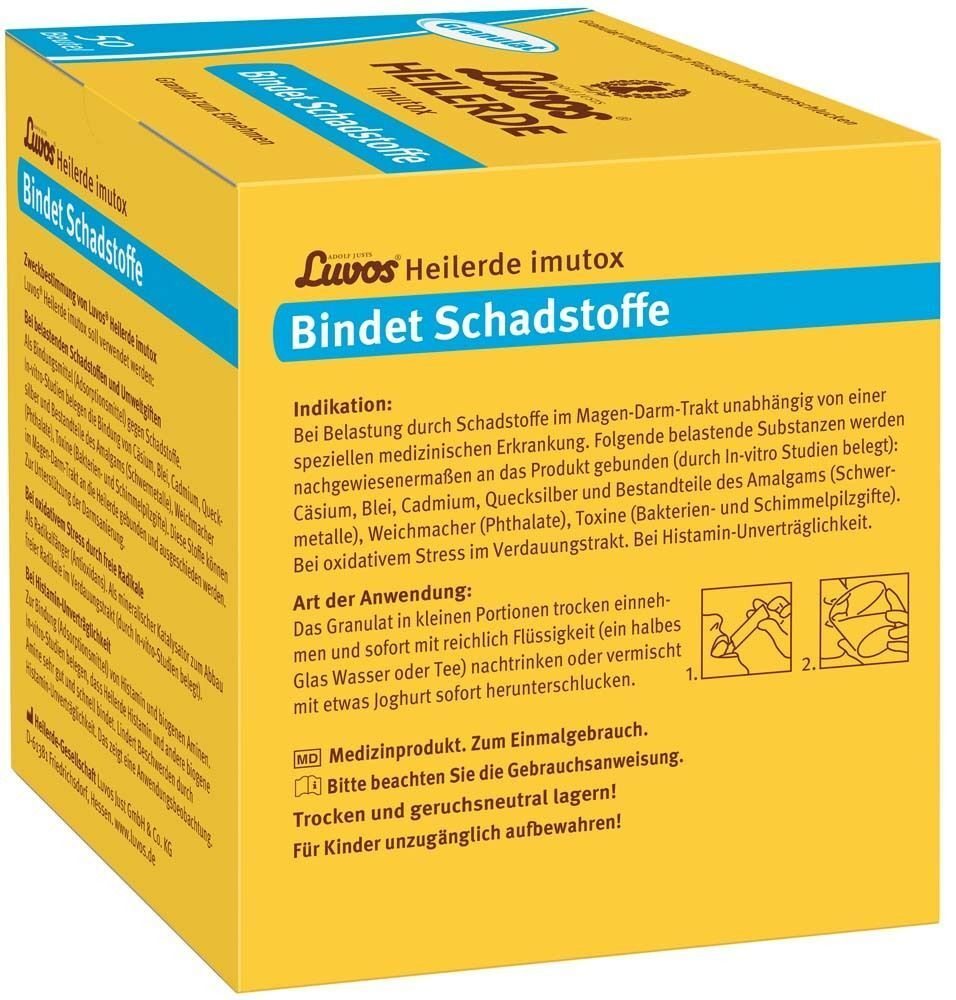 Gelber Karton mit Produktaufdruck. Aufschrift: Luvos Heilerde imutox, Bindet Schadstoffe. Text und Piktogramme.