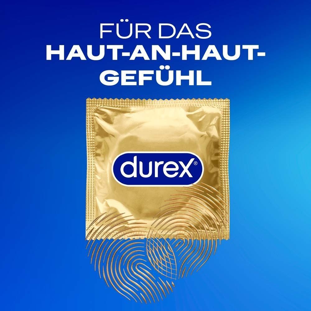Goldfarbenes Kondom in Folienverpackung. Durex-Logo und Schriftzug. Aufschrift: Für das Haut-an-Haut-Gefühl.