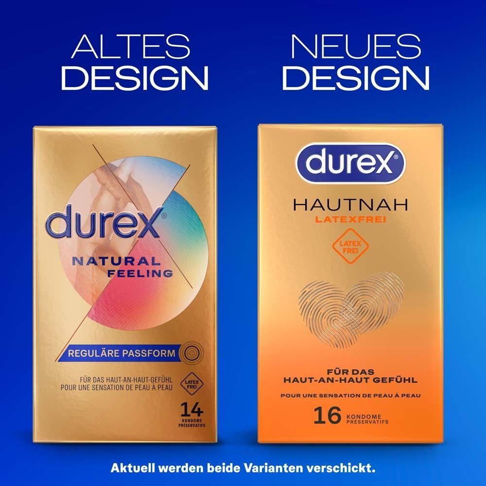 Vergleich von altem und neuem Design. Links: Durex Natural Feeling. Rechts: Durex Hautnah. Beide in Gold gehalten.