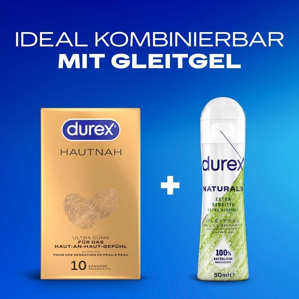 Durex Hautnah Packung und Gleitgel. Gleitgel-Flasche mit Durex-Logo. Aufschrift: Ideal kombinierbar mit Gleitgel.
