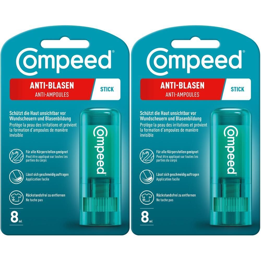 Zwei Packungen COMPEED Anti-Blasen Stick. Jede Packung enthält einen grünen Stick in einer Blisterverpackung. Text: Anti-Blasen, Stick.