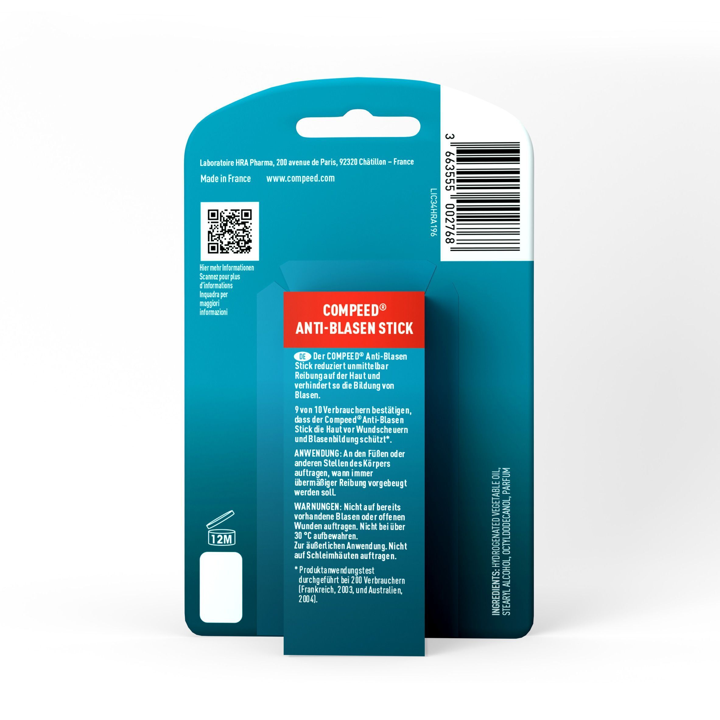 Rückseite der COMPEED Anti-Blasen Stick Verpackung. Roter Text: Anti-Blasen Stick. Barcode und Textinformationen.