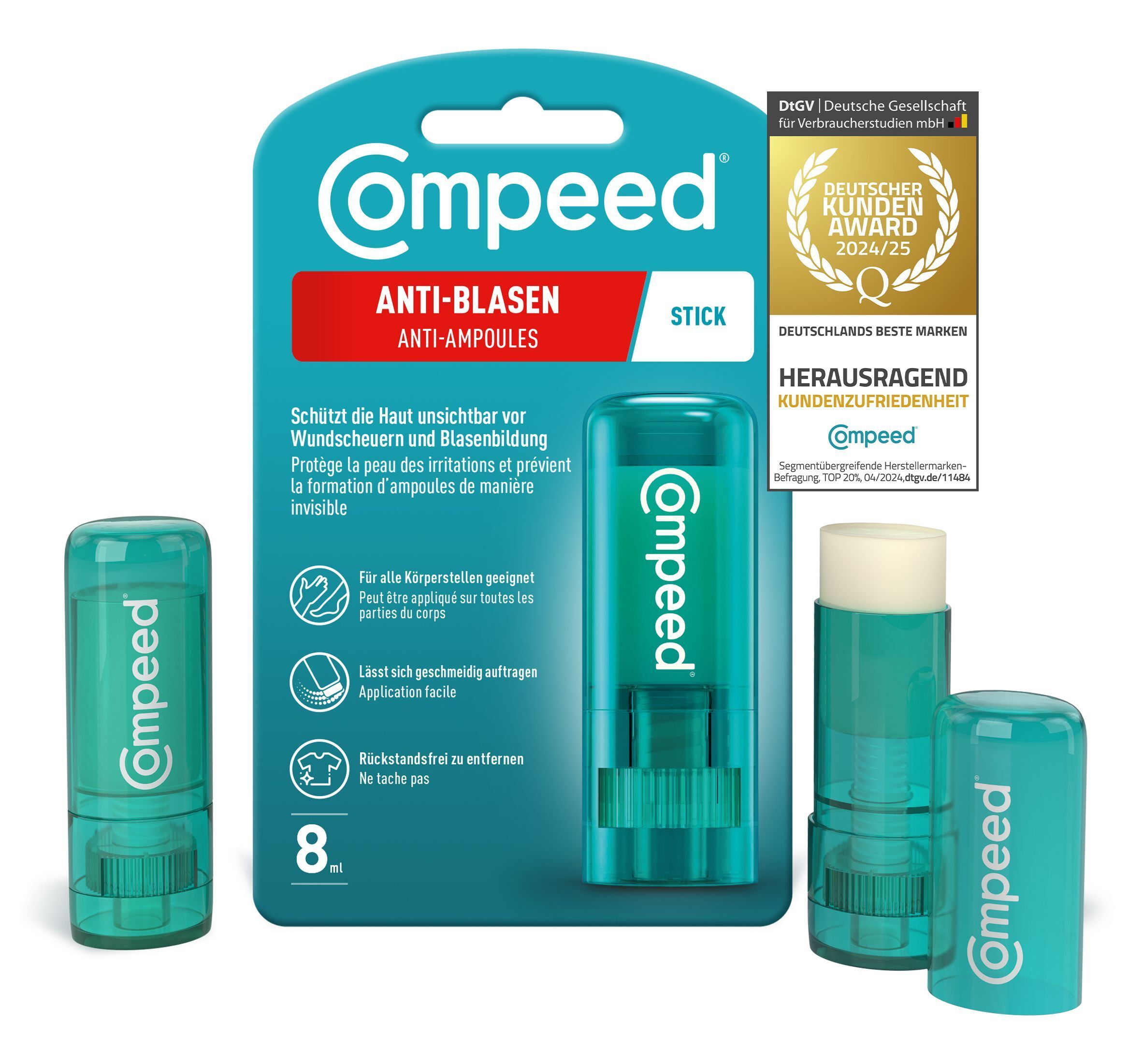 COMPEED Anti-Blasen Stick, Packung und zwei Sticks. DNGV-Zertifizierung. Text: Anti-Blasen, Stick. Ein Stick ist geöffnet.