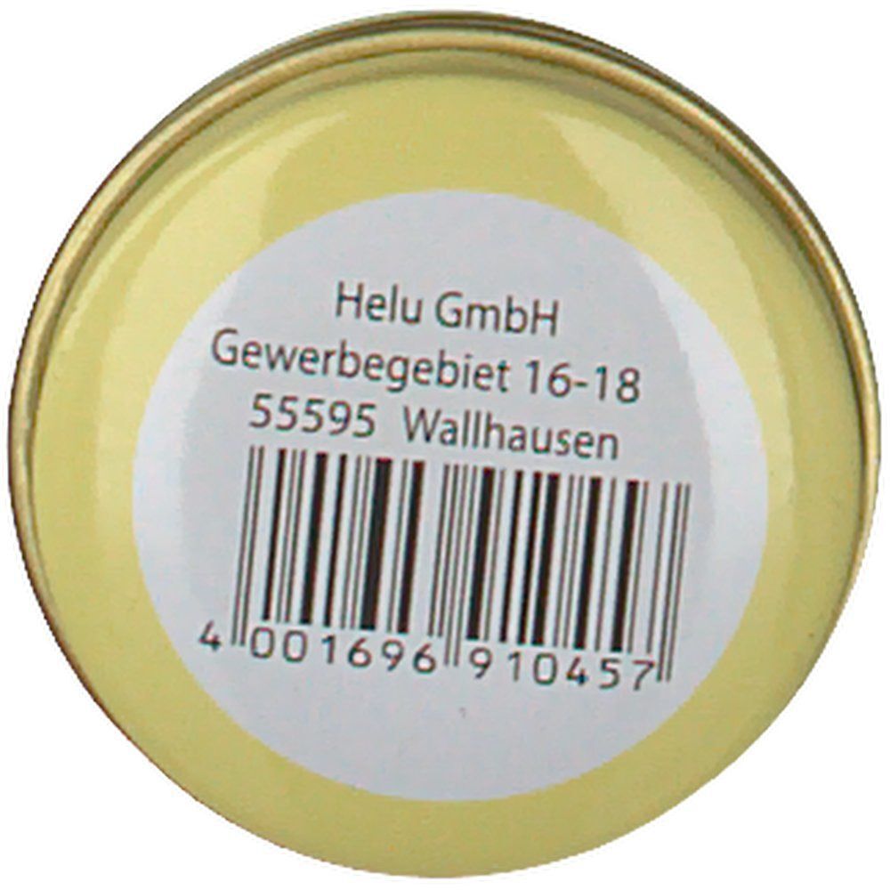 Runde Pillendose, Unterseite. Weißes Etikett mit Barcode und Text: Helu GmbH, Gewerbegebiet 16-18, 55595 Wallhausen.