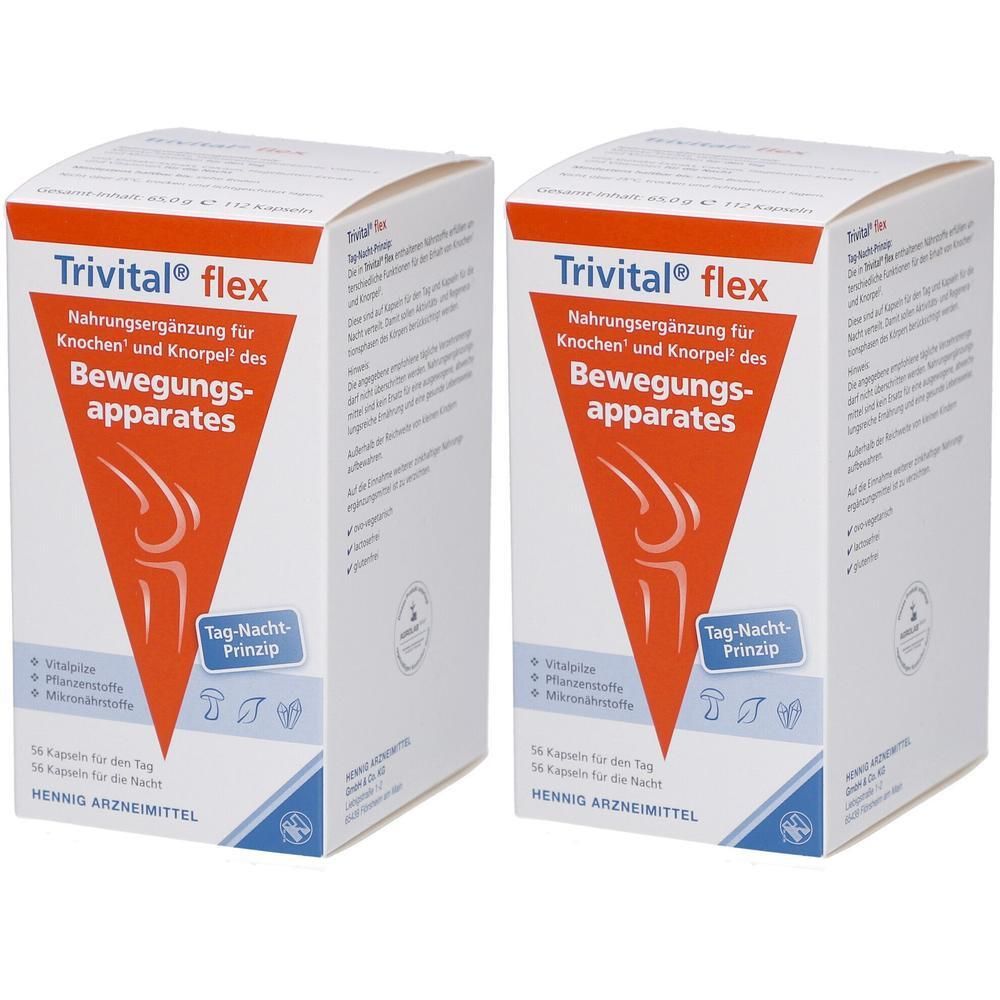 Zwei weiße Kartons mit rotem Dreieck und Aufschrift Trivital flex. Text: Nahrungsergänzung für Knochen und Knorpel des Bewegungsapparates.
