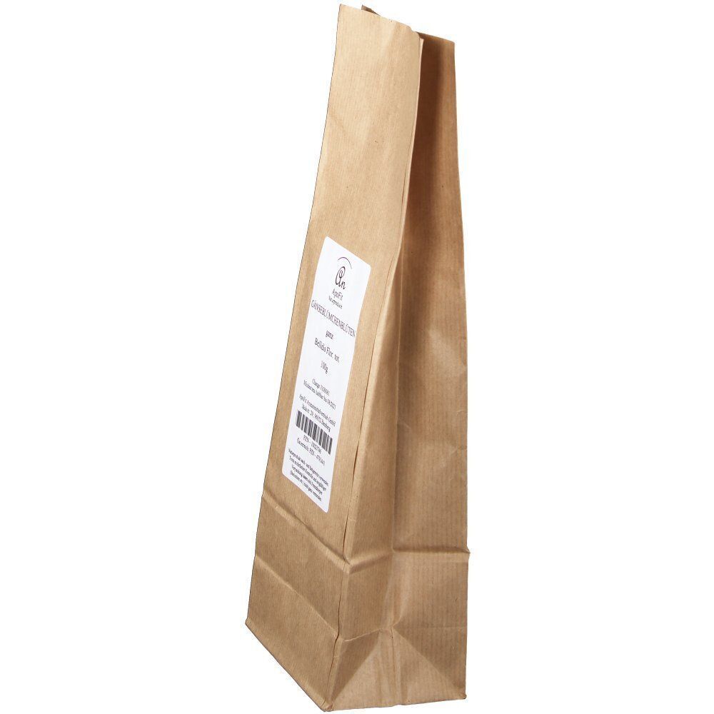 Braune Papiertüte mit Gänseblümchenblüten, 100g, Seitenansicht.