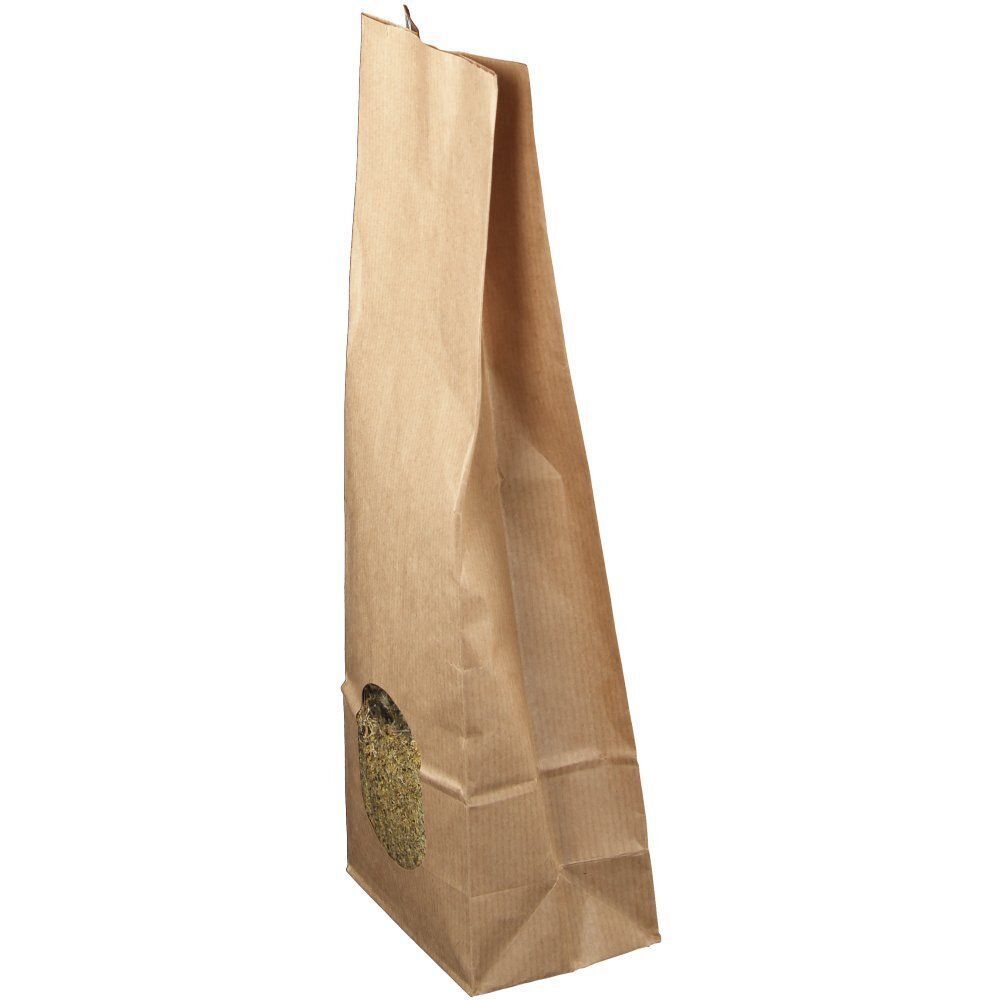 Braune Papiertüte mit Gänseblümchenblüten, 100g, Rückseitenansicht.
