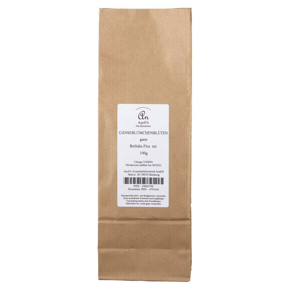 Braune Papiertüte mit Etikett: Gänseblümchenblüten, 100g.